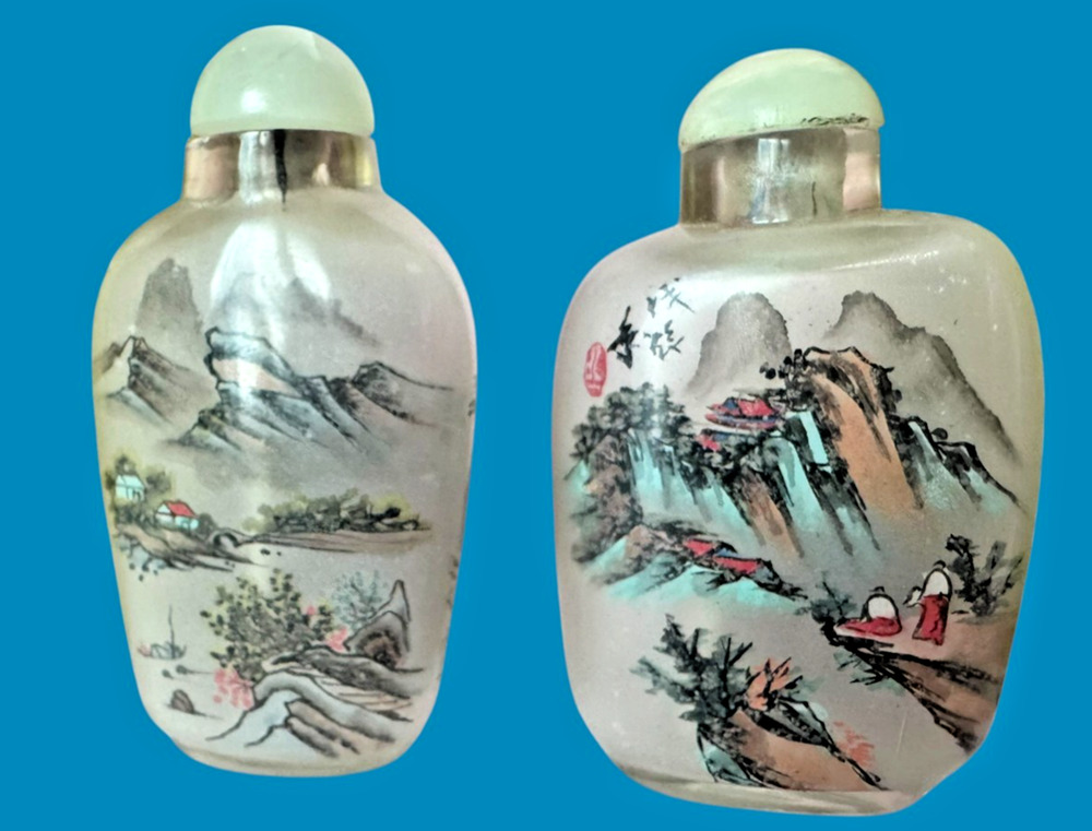 Vintage Chinese Inside Painted Glass Snuff Bottles Pair Landscape Stone Stoppers